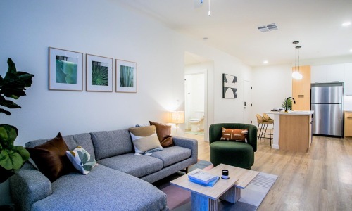 A bright, light-filled apartment living room with a couch and side table — the kind of open, well-lit space that can double as a work-from-home zone.